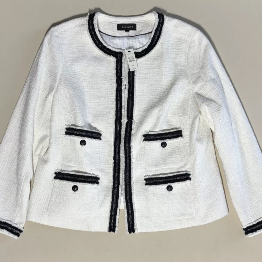 NWT Talbots White Tweed Jacket Black Trim Classic Elegant Chanel Inspired Sz 16